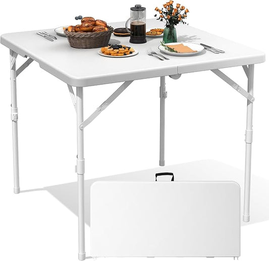 34" Square Folding Table, Plastic Card Table with Carrying Handle, Fold-in-Half Utility Portable Dining Tables Indoor Outdoor for Kitchen, Party, Picnic, Camping, Office, Wedding, White