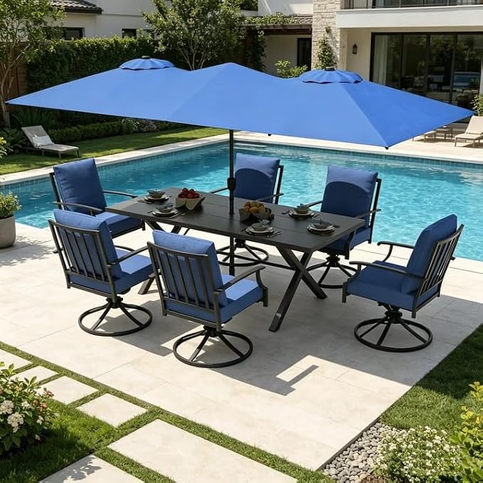ALAULM 7-Piece Patio Dining Set with 14FT Patio Umbrella,Outdoor Dining Set with 6 Swivel Chairs & Rectangle Table with1.5 Umbrella Hole, Patio Dining Table and Chairs for Backyard,DarkBlue