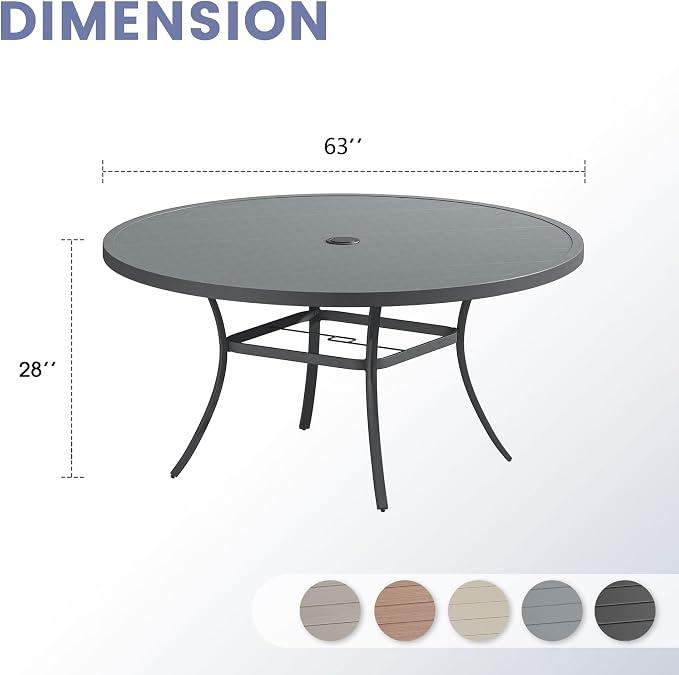 VICLLAX 63" Round Patio Table, Outdoor Dining Table for 8-10 with Umbrella Hole for Garden Lawn Deck Backyard, Dark Grey