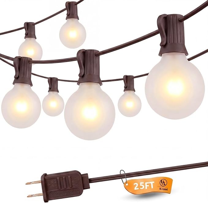 SUNSGNE 25Ft Outdoor Edison String Lights G40 Globe String Lights with 27 Frosted White Bulbs, Waterproof Connectable Hanging String Light for Christmas Patio House Backyard Balcony Party, Brown Wire