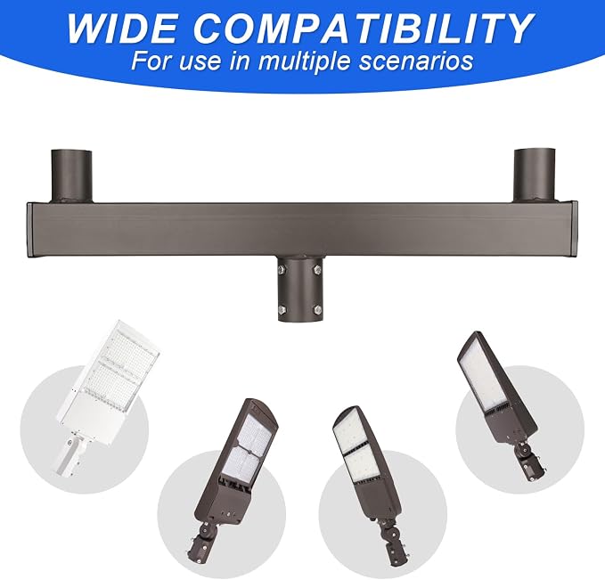 180 Degree Quad Bullhorn Tenon Adapte for 2 Lights,Mounting Bracket with Round Pole,Double Tenons in 2 3/8 inch Slip Fitter Light,for Parking Lot Light and Outdoor Lighting fixtures