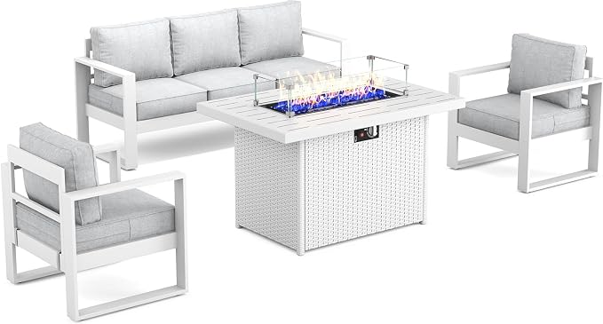 Outdoor Aluminum Furniture Set with Fire Pit Table - 4 Pieces Modern Patio Conversation Sets Metal Sectional Sofa Set