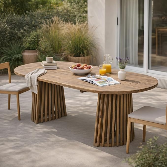 GDFStudio 83" Oval Dining Table with Racetrack Top, Outdoor Acacia Wood Dining Table for 6-8, Large Garden Dining Furniture, Slatted Pedestal Outdoor Furniture, Light Brown