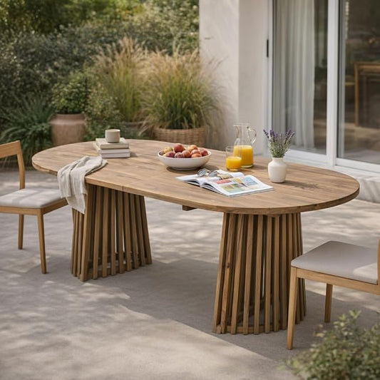 GDFStudio 83" Oval Dining Table with Racetrack Top, Outdoor Acacia Wood Dining Table for 6-8, Large Garden Dining Furniture, Slatted Pedestal Outdoor Furniture, Light Brown