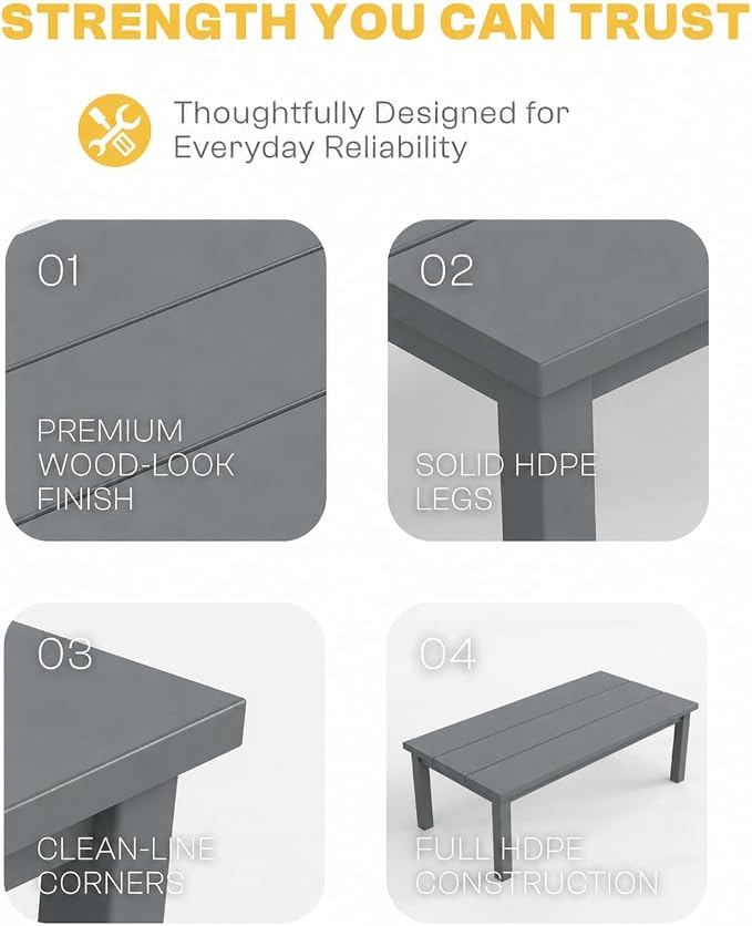 HDPE Outdoor Coffee Table, Weather-Resistant Rectangle Patio Coffee Table with Large Tabletop for Balcony, Deck, Garden, Poolside (Grey)