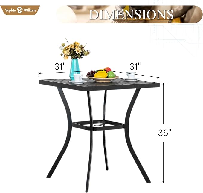 Sophia & William 31" Patio Square Bar Height Table Outdoor Bistro Counter Height Table with Umbrella Hole, 36" Height