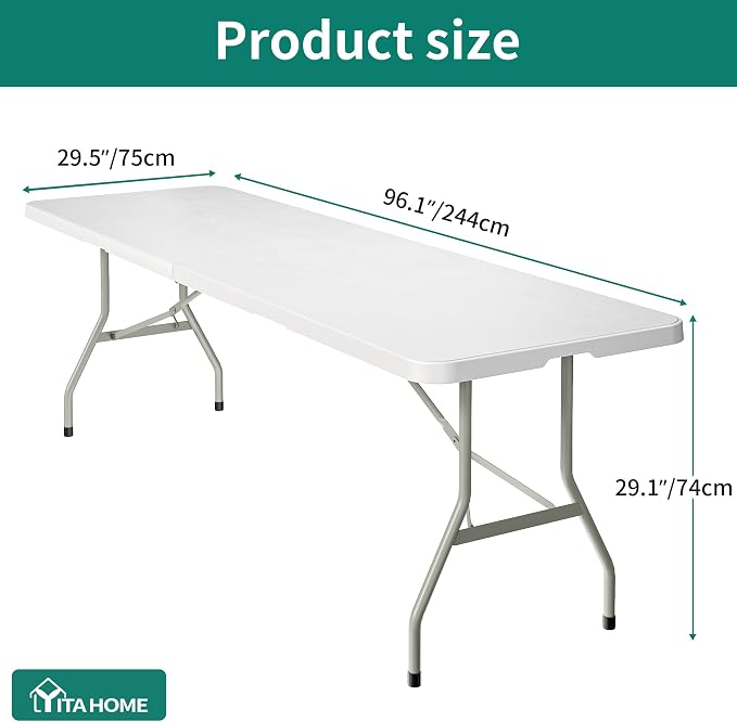 YITAHOME 8FT Folding Tables, Heavy Duty Folding Table with Carrying Handle, Plastic Fold up Table for Outdoor Camping Picnic Parties/Indoor Events, White