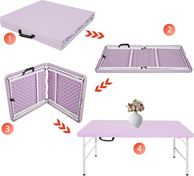 Portable 4Ft Folding Table, Heavy Duty Plastic Fold-in-Half Utility Foldable Table, Adjustable Height Plastic Folding Table with Carrying Handle for Camping &Party Indoor/Outdoor(Light Purple)