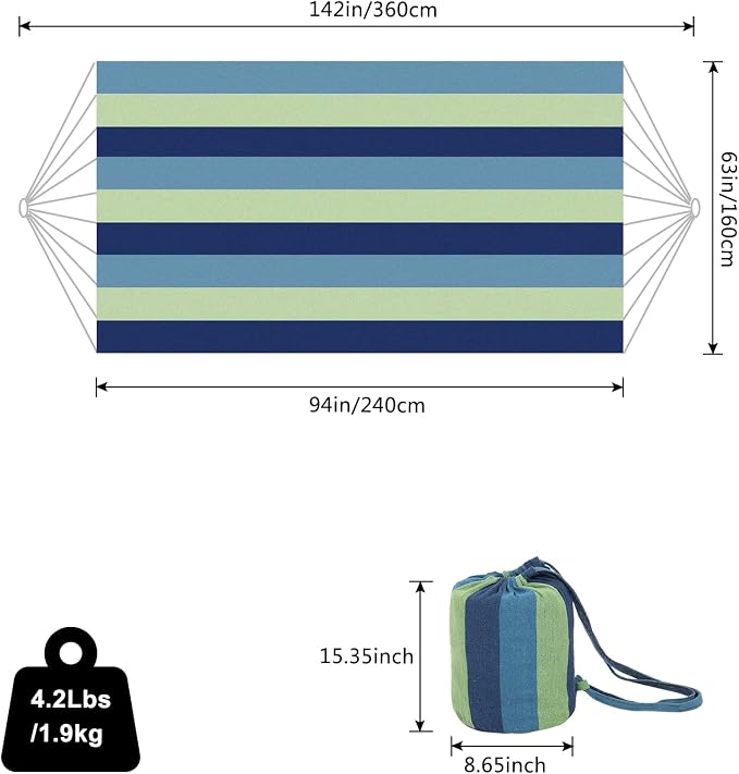 ONCLOUD Extra Long and Wide Double Hammock for Travel Camping Backyard, Porch, Outdoor or Indoor Use, Carrying Pouch Included (Blue/Green Stripes)