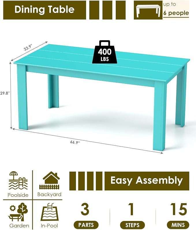 GREENVINES Outdoor Dining Table | 67’’ | HDPE | Rectangle Tables for 6 | All-Weather | Umbrella Hole | Patio Furniture | for Poolside Backyard Garden | Aqua