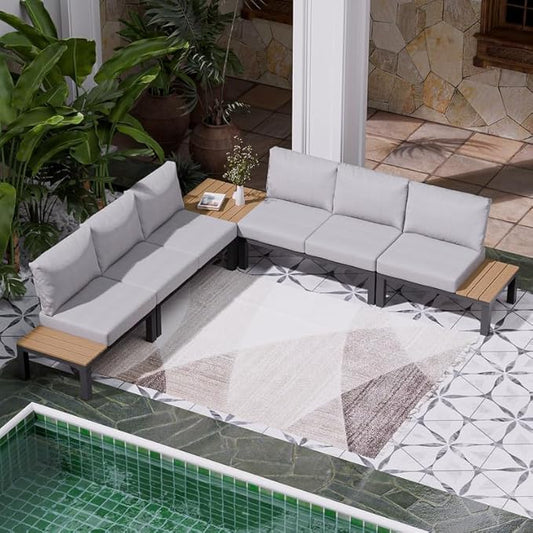 ZANDOR Aluminum Outdoor Patio Furniture Set, 5 Pieces Movable Backrest Modular Sectional Sofa Set, Metal Conversation Set with 4-inch Thick Cushion for Garden Backyard Porch, Grey