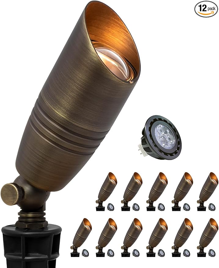 MALORY Brass Landscape Spotlights 12-Pack with Bulb Kit(S02), Low Voltage 12V AC/DC LED Outdoor Spot Uplights for House and Tree,PVC Ground Stake and Wire Connector Included, 5W 2700K Warm White