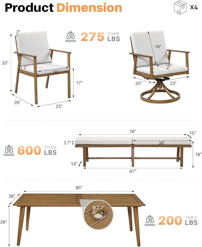 6-Piece Never-Rust Aluminum Bench Dining Table Set, Patio Dining Set with Umbrella Hole, Outdoor Bench with Rectangular Table, 2 Dining Chairs and 2 Swivel Chairs for Deck, Backyard, Teak
