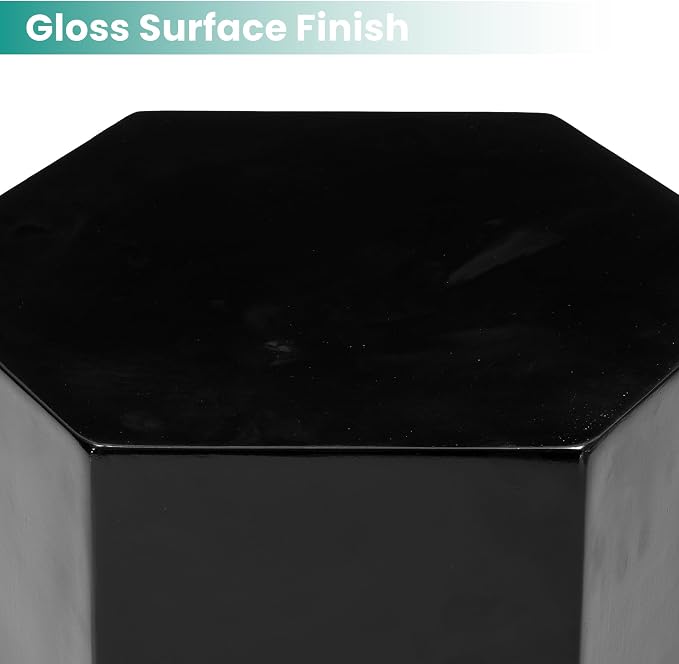 SUNBURY Outdoor Side Table, 18" Hexagon End Table Gloss Finish w Geometric Pedestal, Patio Concrete Accent Table Modular Design Decor, Lightweight Garden Stools for Balcony, Porch, Living Room, Black