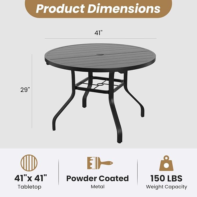 HRVEOCEI 47" Outdoor Round Table with Umbrella Hole, Metal Patio Dining Tables for Lawn Garden, Wood-Like Grain Bistro Table Outdoor for Backyard,Poolside,Deck,Por (Dark Black, Round)