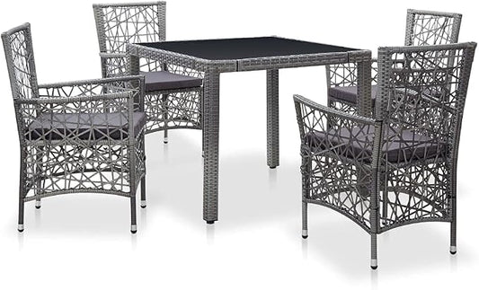 5 Piece Patio Dining Set with Cushions Poly Rattan Gray Outdoor Table and Chairs Tempered Glass Top for Garden Deck Backyard