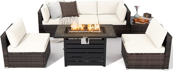 Tangkula 7-Piece Outdoor Patio Furniture Set with 42" Propane Fire Pit Table, Outdoor Wicker Conversation Set with Cushions and Tempered Glass Coffee Table, 50,000 BTU Gas Fire Pit Table (Off White)