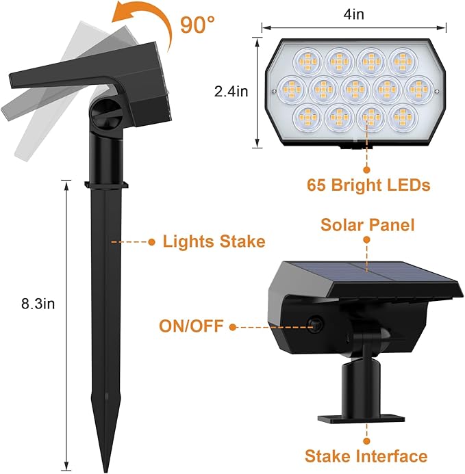 Solar Lights Outdoor, IP68 Waterproof, 65 LED, Warm White, 10 Pack | Long Lasting, 3 Lighting Modes, Auto On/Off, Adjustable Solar Panel, Solar Spot Light for Garden Landscape Yard Outside Tree