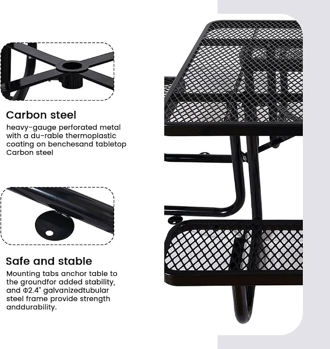 46" Square Commercial Picnic Table for 4-8 Person, Heavy Duty Metal Outdoor Picnic Table with Umbrella Hole for Coffee Shop, School, Hospital, Easy to Install, Black