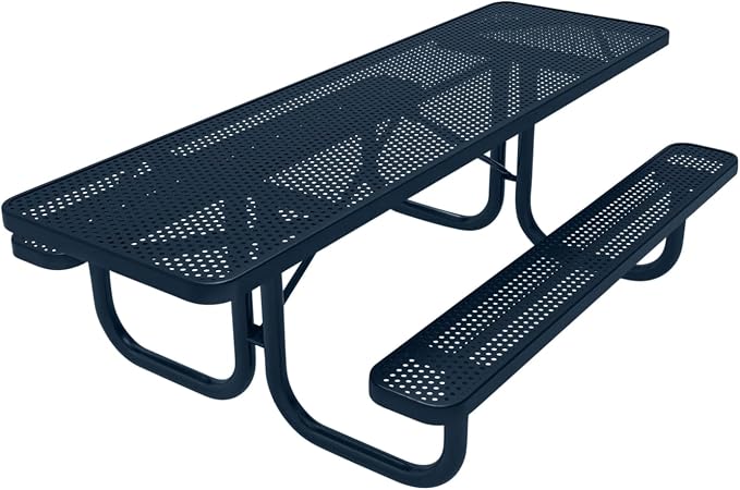 COATEDOUTDOORFURNITURE Heavy-Duty Portable ADA-Compliant Outdoor Picnic Table, Punched Steel Patio Furniture Made in America (8ft Rectangular, Both-Side Handicap, Dark Blue with Dark Blue Frames)