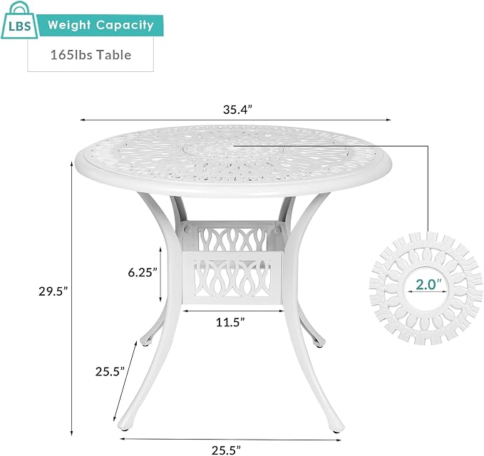 MEETWARM 35.4" Round Patio Dinning Table, Outdoor Cast Aluminum Dinning Table with 2" Umbrella Hole, White