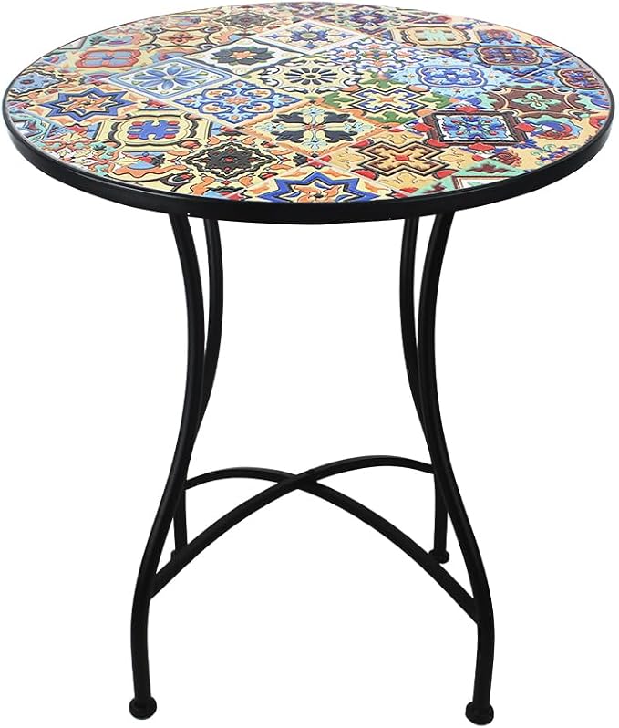 23.6" Outdoor Patio Mosaic Round Table Garden Bistro Accent Table | Ceramic Tile Waterptoof Side End Table Metal Frame Dining Table Furniture for Balcony Backyard Porch Poolside Terrace