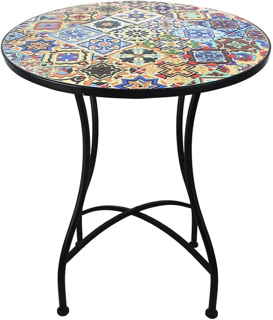 23.6" Outdoor Patio Mosaic Round Table Garden Bistro Accent Table | Ceramic Tile Waterptoof Side End Table Metal Frame Dining Table Furniture for Balcony Backyard Porch Poolside Terrace