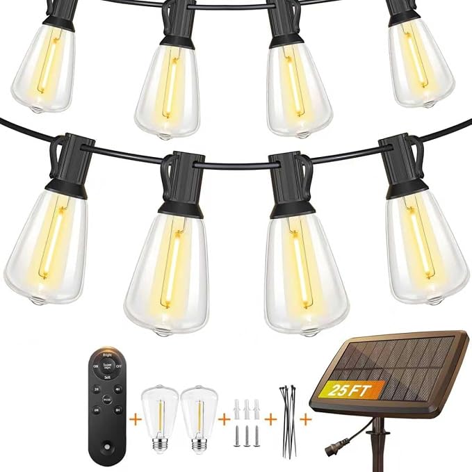 BLIATLUS 25FT Solar String Lights, Waterproof Remote 8+2 ST38 LED for Patio Garden