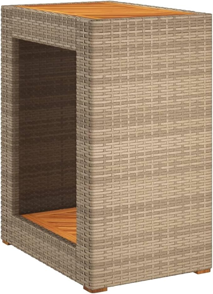Patio Side Table with Wooden Top Beige 23.6"x15.7"x29.5" Poly Rattan Outdoor End Small Coffee Table for Patio Furniture, Garden, Backyard, or Living Room