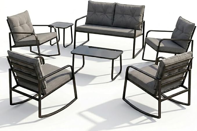 Gizoon 7-pc Outdoor Patio Furniture Set, Black Steel Patio Rocking Chairs Conversation Set with Loveseat, 6-Person Porch Bistro Set with Glass Coffee Table & Side Tables for Garden, Backyard, Grey
