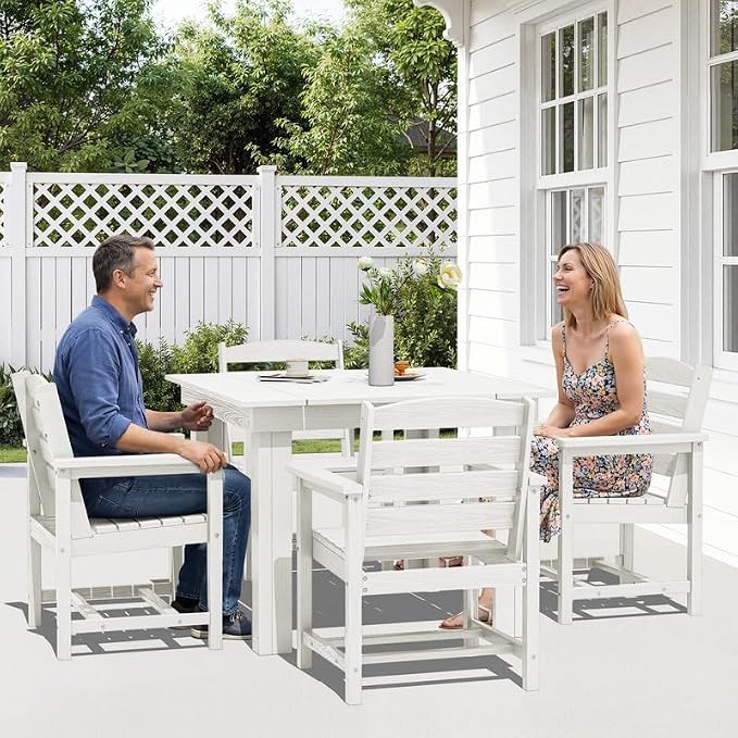 KINGYES HDPE Outdoor Dining Set for 4 with Umbrella, 6-Piece Square Patio Table & Armchairs, All-Weather for Backyard, Garden, Lawn & Poolside, White