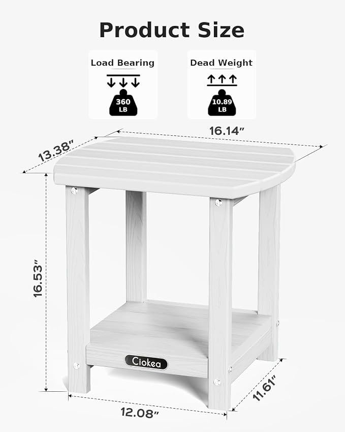 Ciokea Adirondack Outdoor Side Table, 2-Tier Sturdy Patio End Table Weather Resistant, Morden Side Table for Patio, Pool, Porch, White