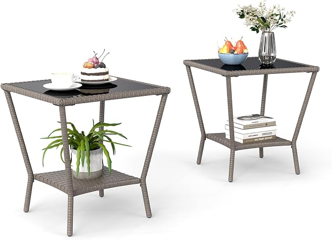 Outdoor Small Patio Table - PE Rattan Coffee Table, Wicker Side Table for Patio, Balcony & Porch, Durable & Iron Frame (2, Sesame Brown)