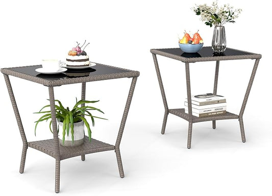 Kinfant Rattan Patio Side Table - Set of 2 Modern Wicker End Table, PE Rattan Coffee Table with Glass Top, Weather-Resistant Patio Furniture for Patio, Balcony, Garden, and Poolside (2, Sesame Brown)