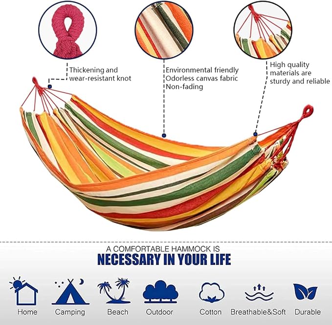 Cotton Canvas Hammock with Tree Straps - Portable Hammock for Outdoor Indoor Patio Backyard, Camping Hammock with Carry Bag, 440lbs Capacity, Without Stand(Orange, Without bar)