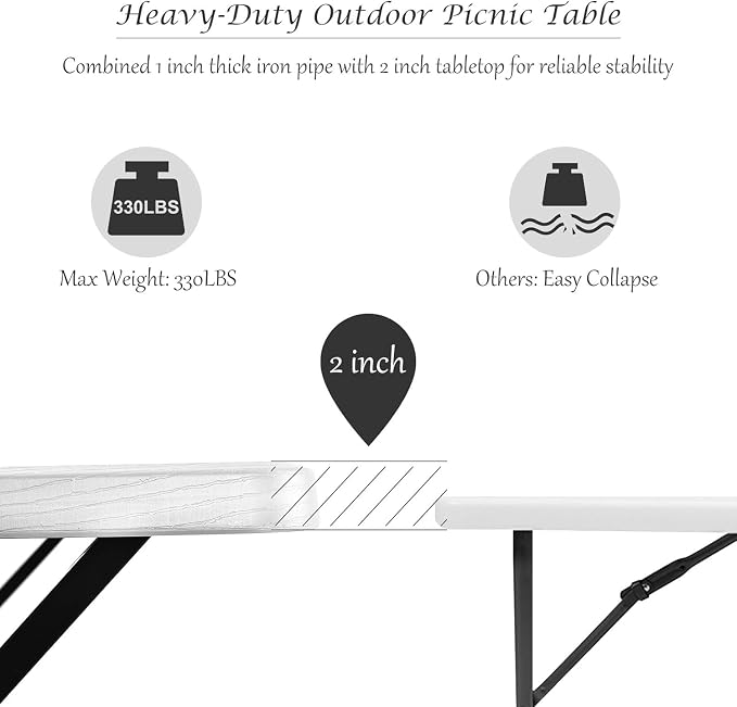 MEDIMALL Picnic Table, Portable Picnic Tables with Benches, Plastics Picnic Table Bench Set with Metal Frame & All Weather Tabletop, Large Camping Picnic Table for Outdoors, Backyard, Garden (White)