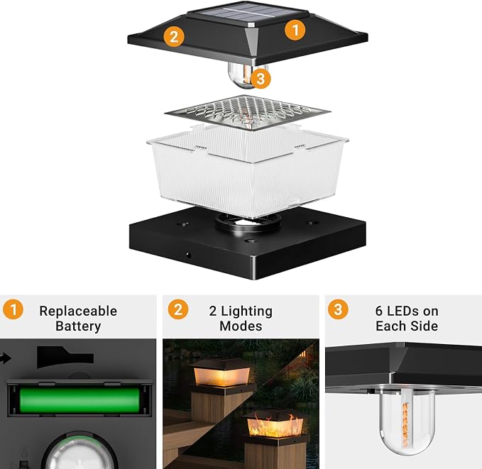 btfarm 4x4 Solar Flame Post Cap Lights Outdoor, 4 Pack Flickering Flame Fence Deck Post Lights, Waterproof Solar Powered Lighting Outside Fit 4x4 3.5x3.5 Wooden/Vinyl for Porch Patio Garden, Black Cap