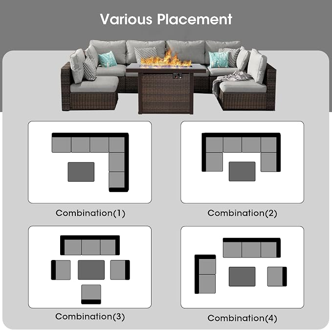 Patio Furniture Set,7 Piece Patio Furniture Set with Fire Pit Table,PE Wicker Rattan Sectional Sofa Patio Conversation Set with Thickened Cushions, Grey