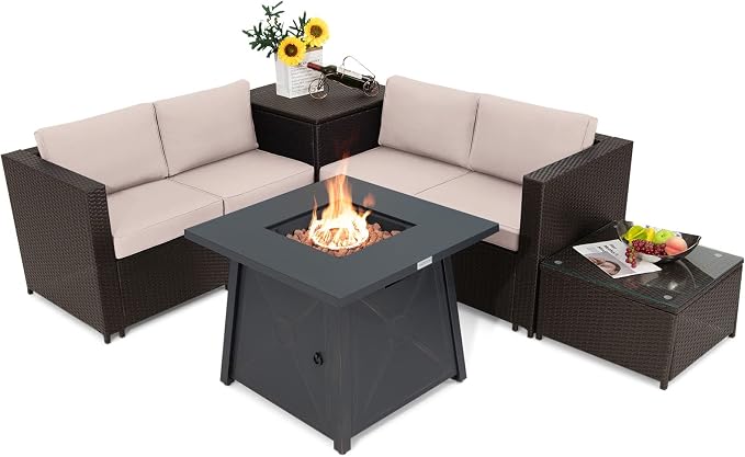 Tangkula 5 Piece Patio Furniture Set with 50,000 BTU Propane Fire Pit Table, Outdoor Wicker Conversation Set w/Cushions, Storage Box and Tempered Glass Coffee Table, 30” Gas Fire Pit Table (Beige)