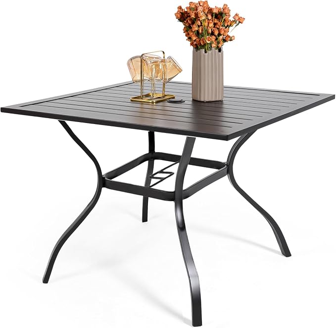 35" Square Metal Patio Dining Table with Slat Top and Umbrella Hole - Black | 35 inch Square Table, Slat Table Top, Black, Metal Top and Frame, 1.57 inch Umbrella Hole, 4 Person Use