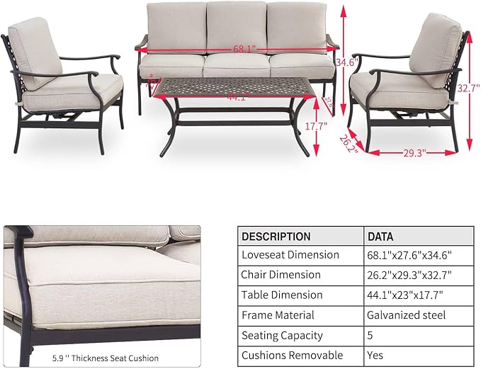 Patio Conversation Set 4Pcs Cushioned Outdoor Furniture Sets with All Weather Galvanized Steel Frame (Beige)