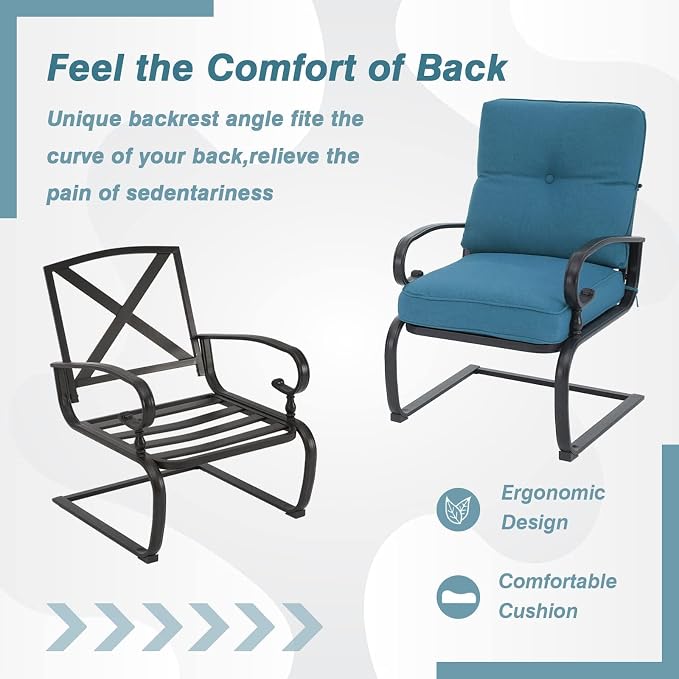 Oakcloud 8Pcs Metal Outdoor Furniture Patio Conversation Set (4 Spring Chairs, Loveseat, Bistro Table, 2 Coffee Tables) - Wrought Iron Patio Chair Set with Cushions (Blue)