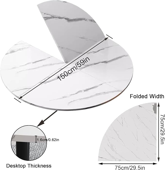 Large Round Folding Table Top, 4-Folding Wood Table top, Temporary Replacement Inoor Outdoor Tops for Dining and Coffee(Marble White, D-150cm/59in)