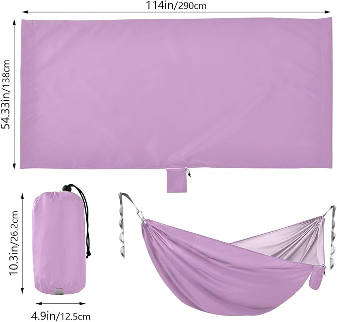 Lilac Solid Color Camping Hammock, Portable Lightweight Single Hammock with Tree Straps and Aluminum Carabiners, 114" x 54" Travel Hammock for Hiking Backpacking Beach