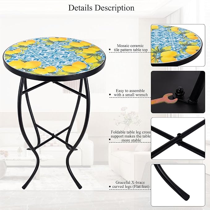 14 Inch Mosaic Patio Side Table with X-Curved Legs, Indoor Outdoor Accent Round End Table with Ceramic Tile Tops for Yard, Garden, Living Room, Bistro, C - Lemon & Blue Tile