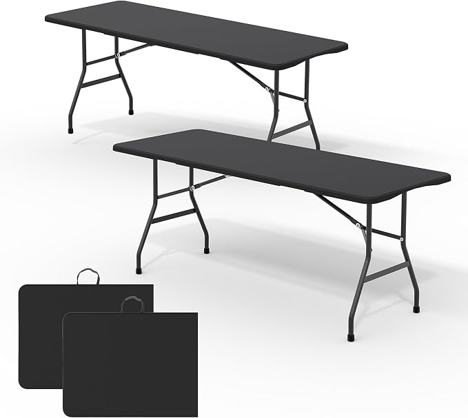 Garvee 6FT Portable Folding Table 2 Pack, HDPE Plastic Foldable Table with Carry Handle for Camping, Parties, Picnic & Events Indoor Outdoor, Black