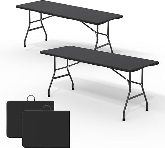 Garvee 6FT Portable Folding Table 2 Pack, HDPE Plastic Foldable Table with Carry Handle for Camping, Parties, Picnic & Events Indoor Outdoor, Black