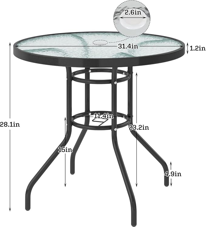 soges 31.5in Outdoor Patio Bistro Coffee Tea Table, Round Tempered Glass Steel Frame Dining Table with Umbrella Hole, All Weather Outside Desk for Garden Lawn Balcony Backyard, Black 30LHYW-OT05BK80