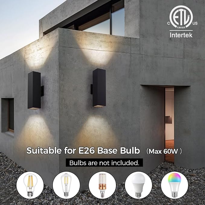 15" Black Square Outdoor Light Fixture,Up and Down Lights Outdoor | E26 Base,ETL listed,Aluminum Modern Outdoor Wall Lights Porch Light Exterior Lighting Fixtures for House Garage Patio Garden