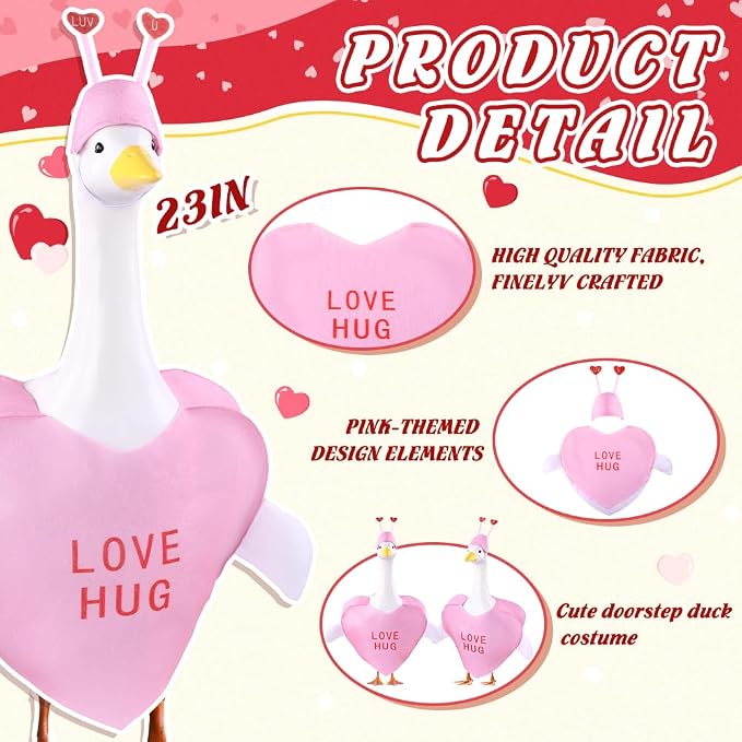 Valentine's Day Goose Outfit for 23" Porch Goose Holiday Pink Red Heart Cloths Costume Valentines Party Outdoor Garden Patio Yard Lawn Art Decoration(Love Hug)